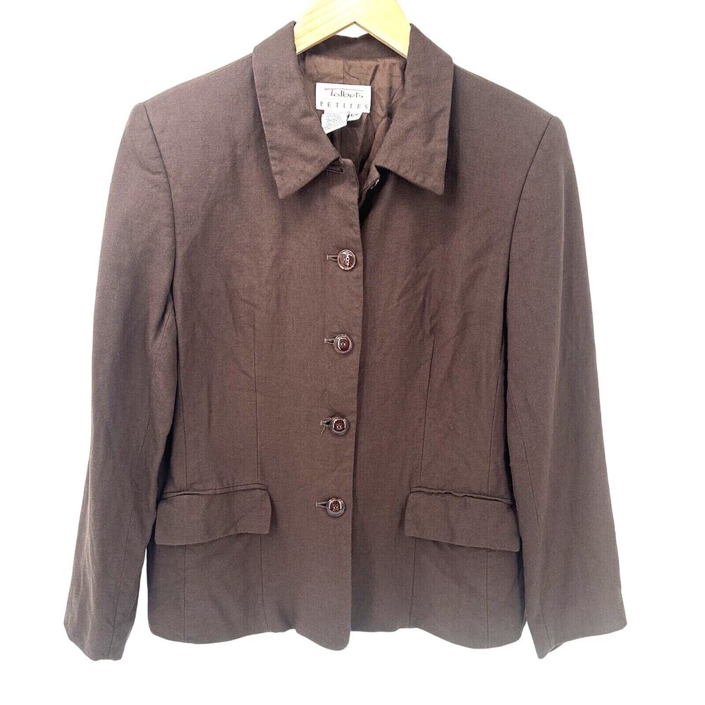 Talbots Blazer Womens Petite‎ 12 12P Brown Rayon Linen Classic Jacket Vintage